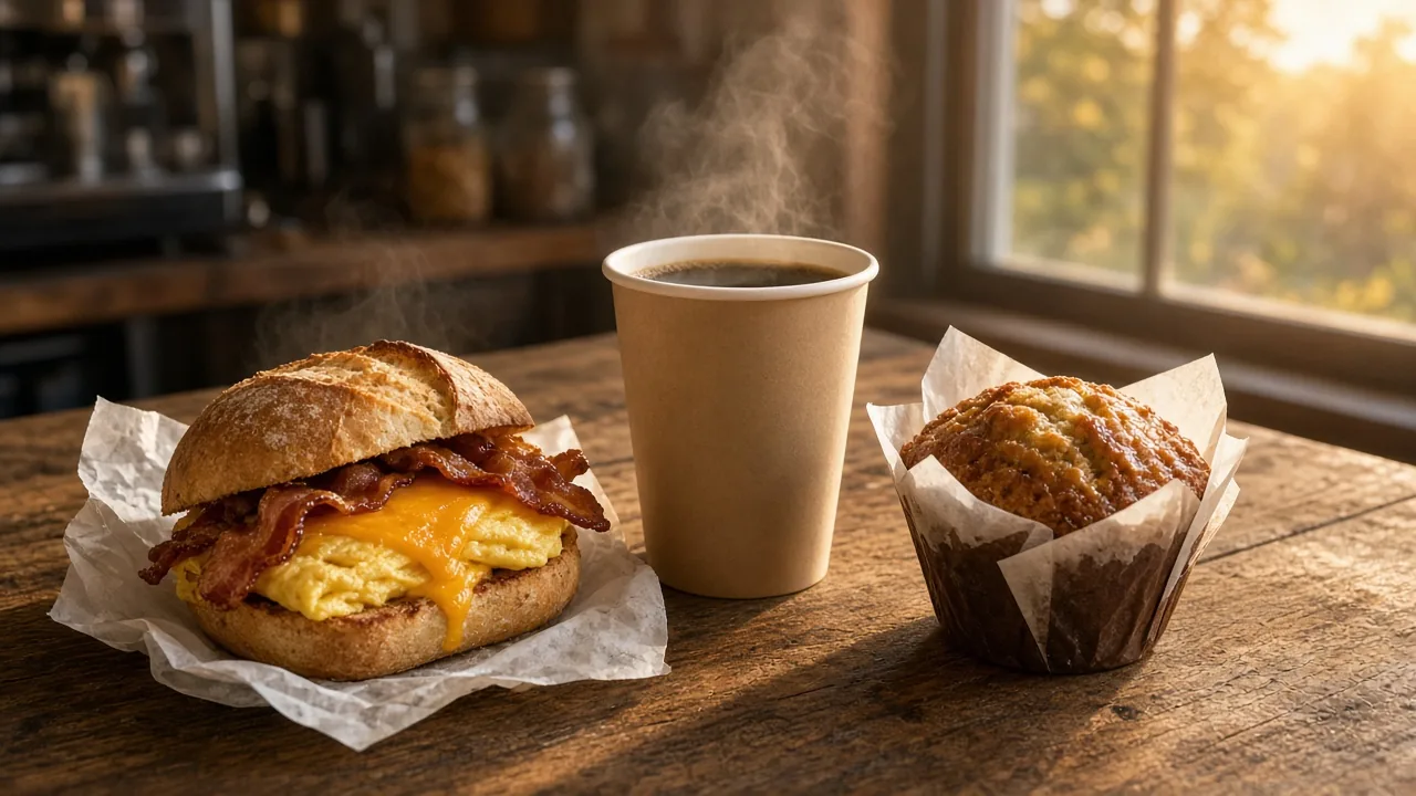 A bacon, egg and cheese sandwich on a toasted roll in deli paper, a cup of coffee and a muffin on a rustic counter in morning light